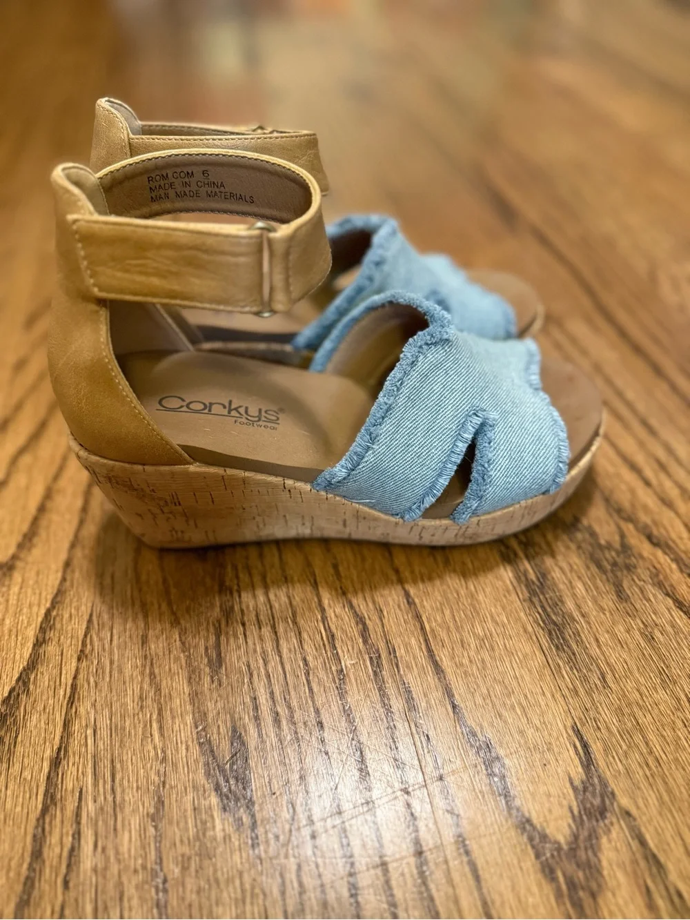 Women’s Corky’s Denim & Tan Ankle-Strap Wedge Sandals
